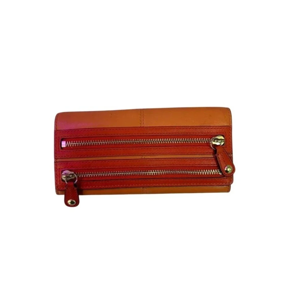 Coach Wallet Women Orange Good Colorblock Zipper Button Slim Envelope Leather